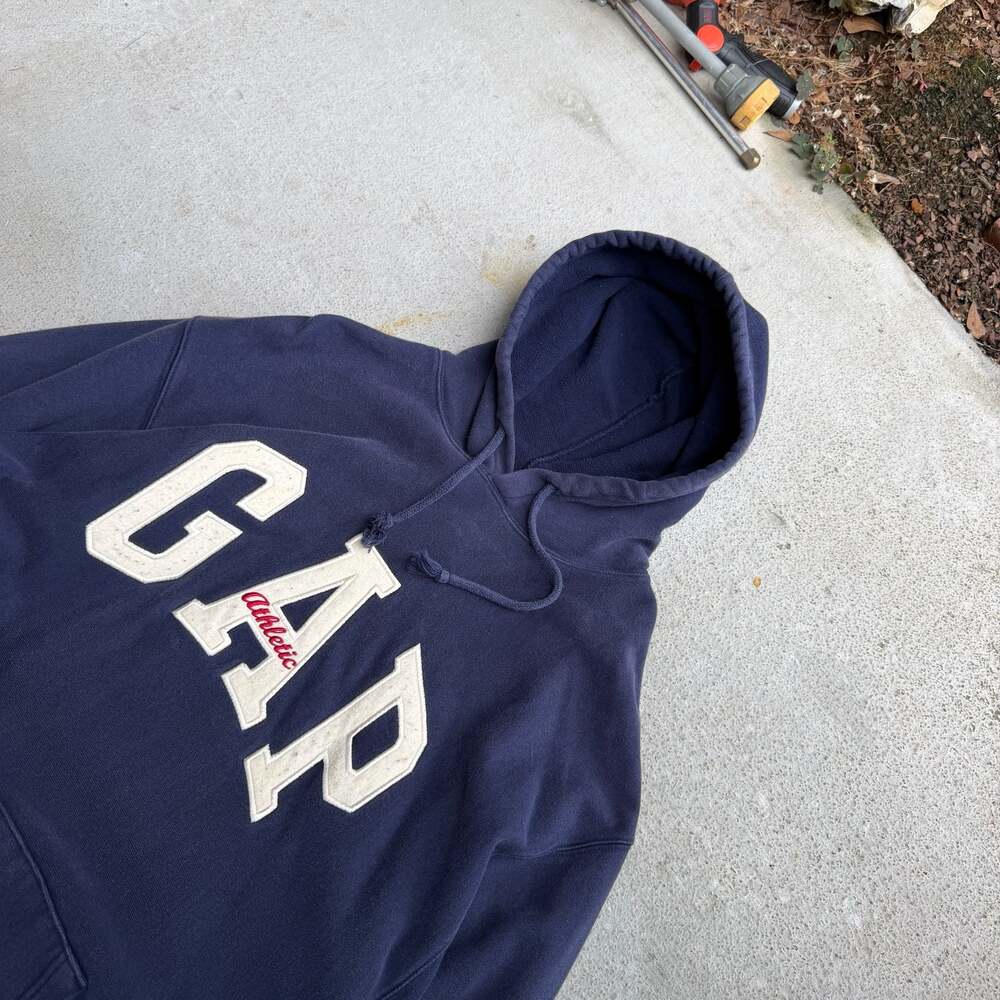 Vintage 1990s Gap Athletic Spell Out Graphic Navy Blue Pullover Hoodie